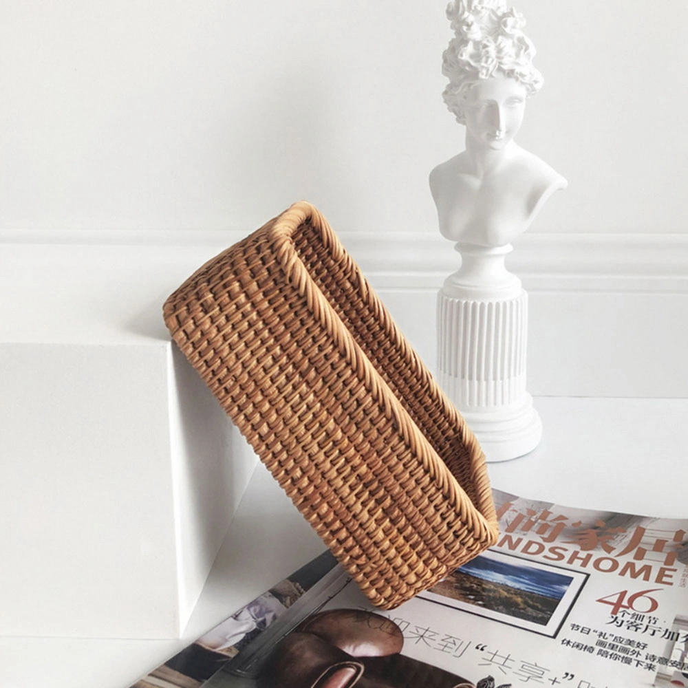 Hand-Woven Rattan Wicker Basket Fruit Tea Snack Bread Basket Cosmetic Rectangular Storage Box Household Kitchen Supplies